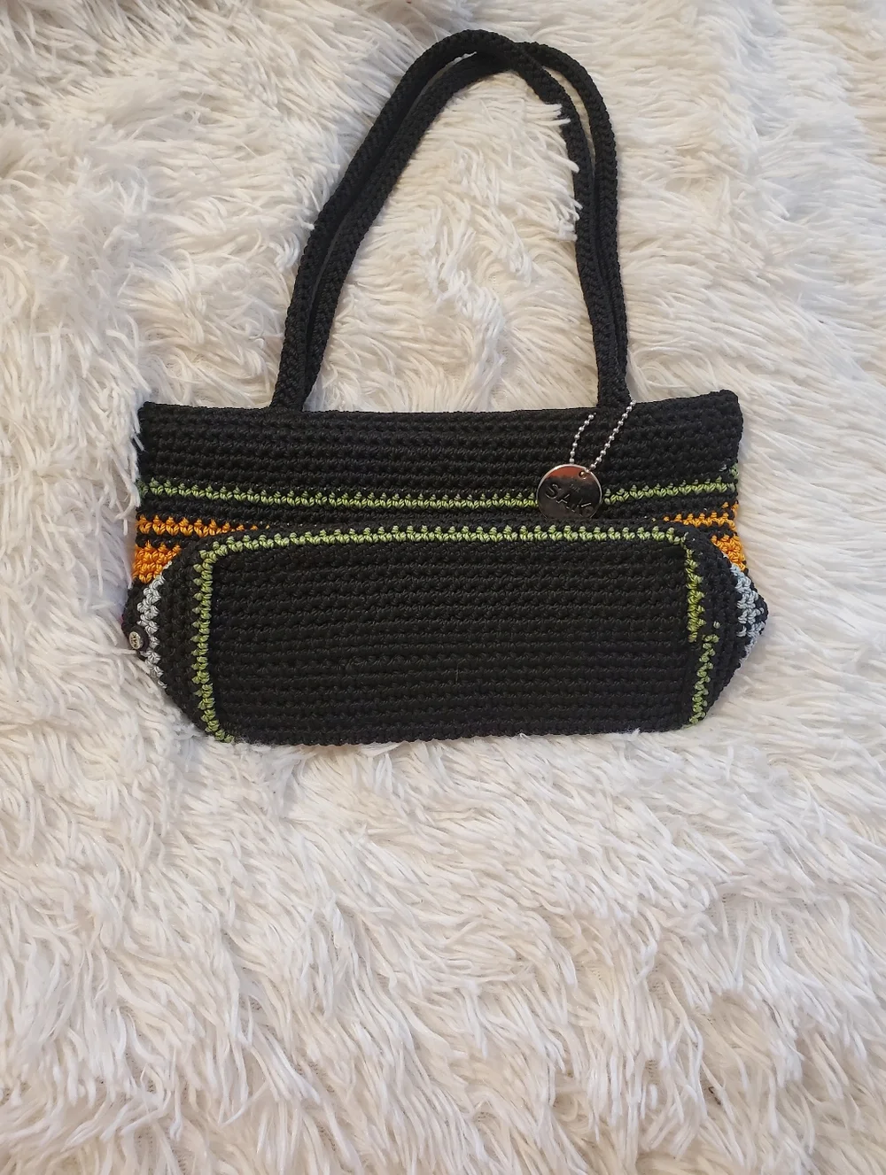 The Sak Black Crochet Shoulder Bag with Orange, Purple, Green & Blue Stripes